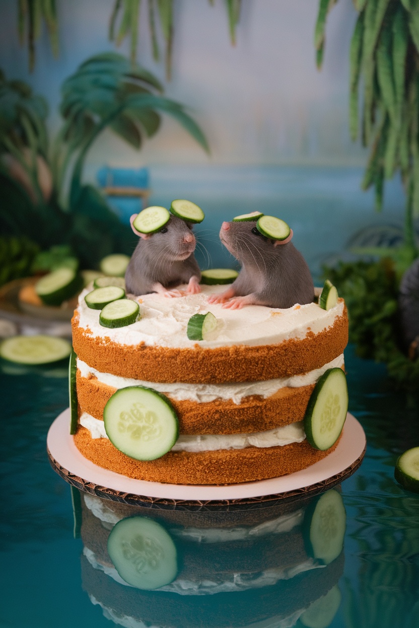 A whimsical cake featuring two rats with cucumber slices on their heads, set against a tropical background.