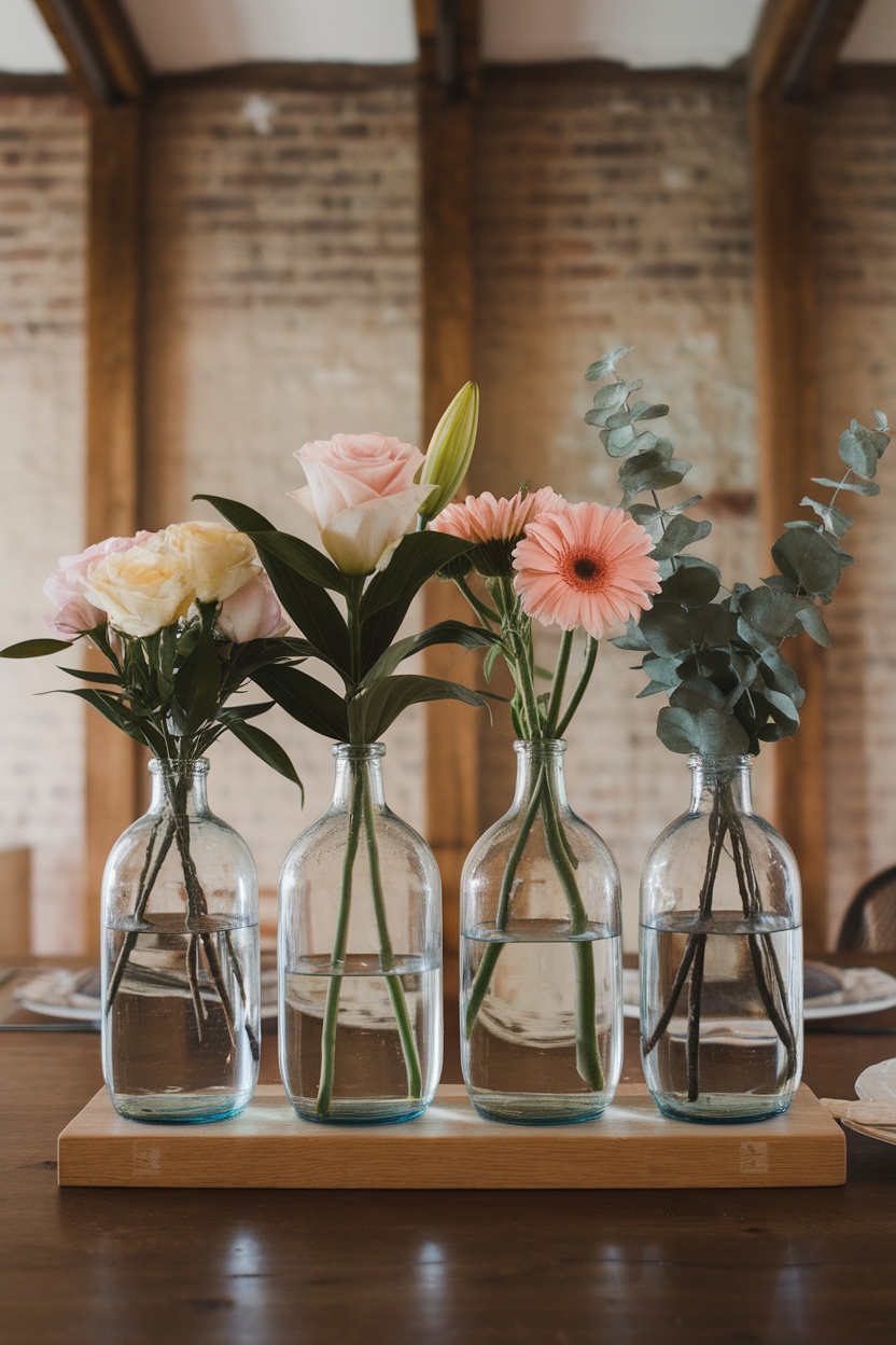 A collection of recycled glass bottles used as vases with various flowers arranged in them