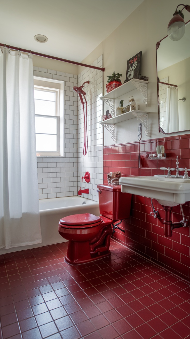 A red and white bathroom showcasing a modern design aesthetic.