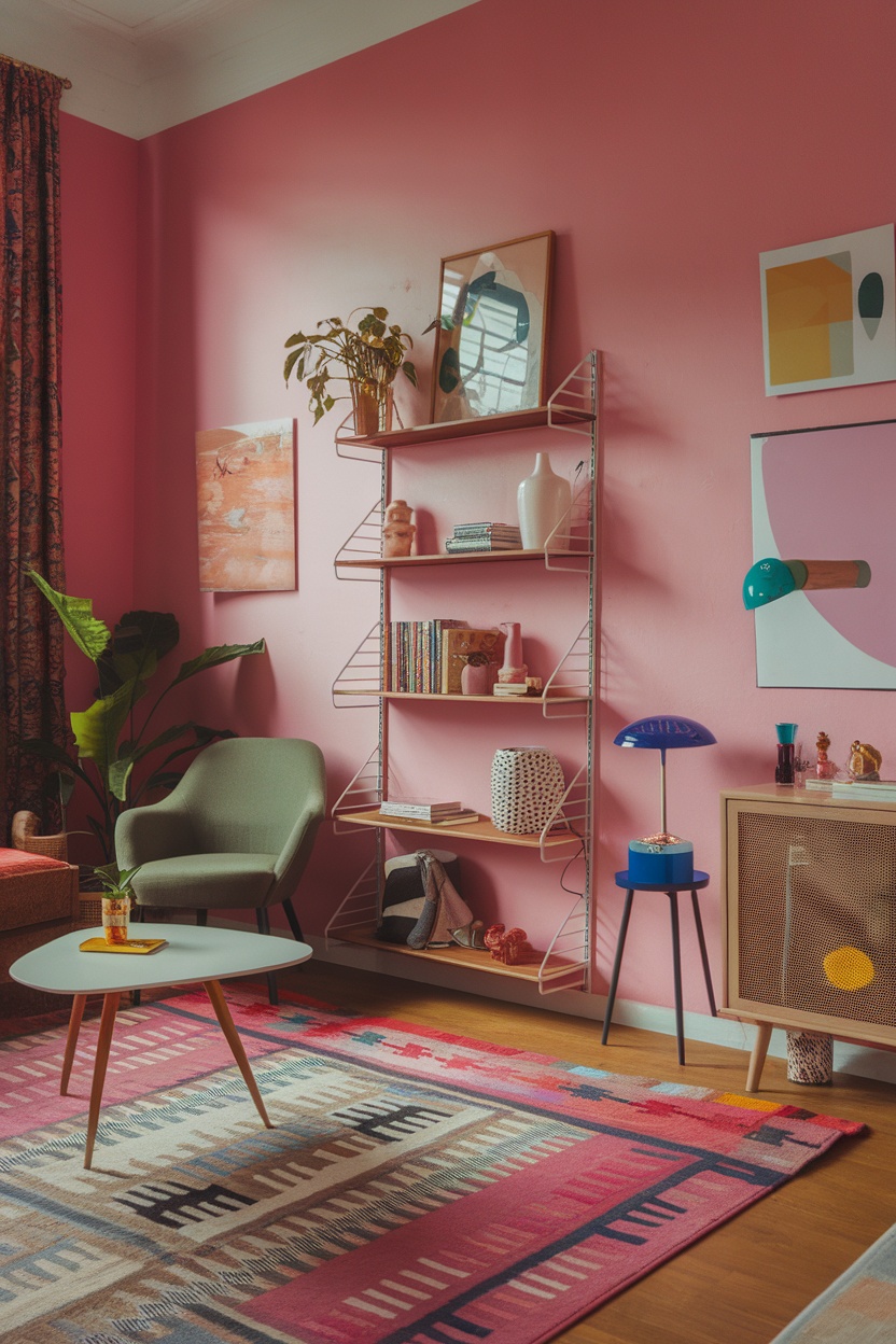 A cozy pink room with green chair, stylish decor, and vibrant rug