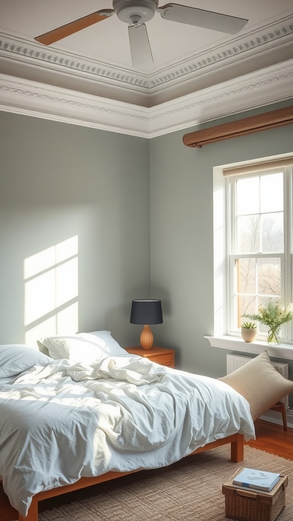 A serene bedroom with soft green walls, a wooden bed, and natural light streaming through the window.