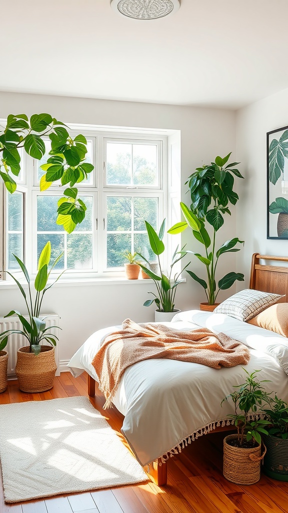 A beautifully decorated bedroom corner with various indoor plants, showcasing vibrant greenery and cozy decor.