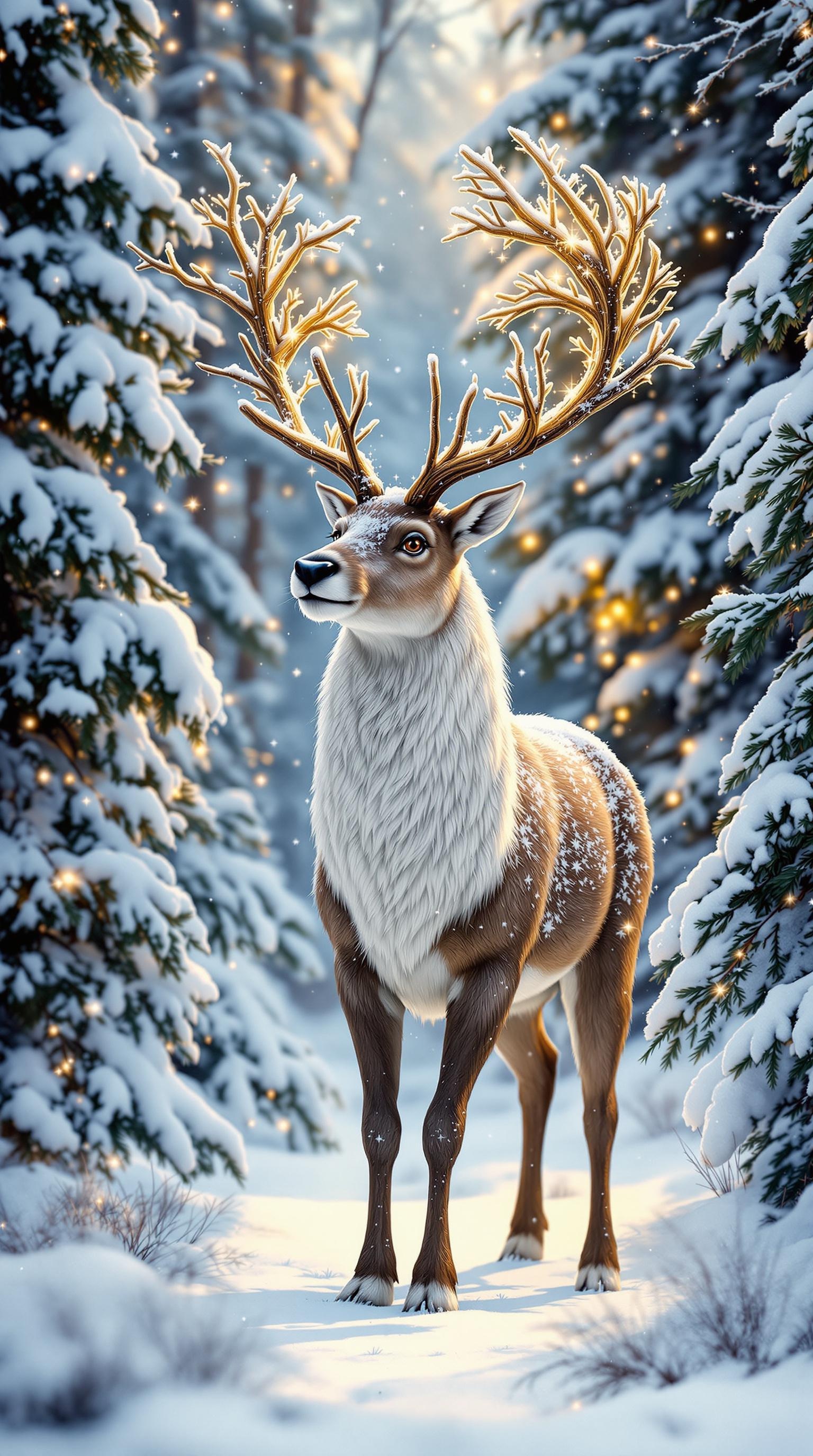 A reindeer with antlers standing in a snowy forest, surrounded by snow-covered trees.