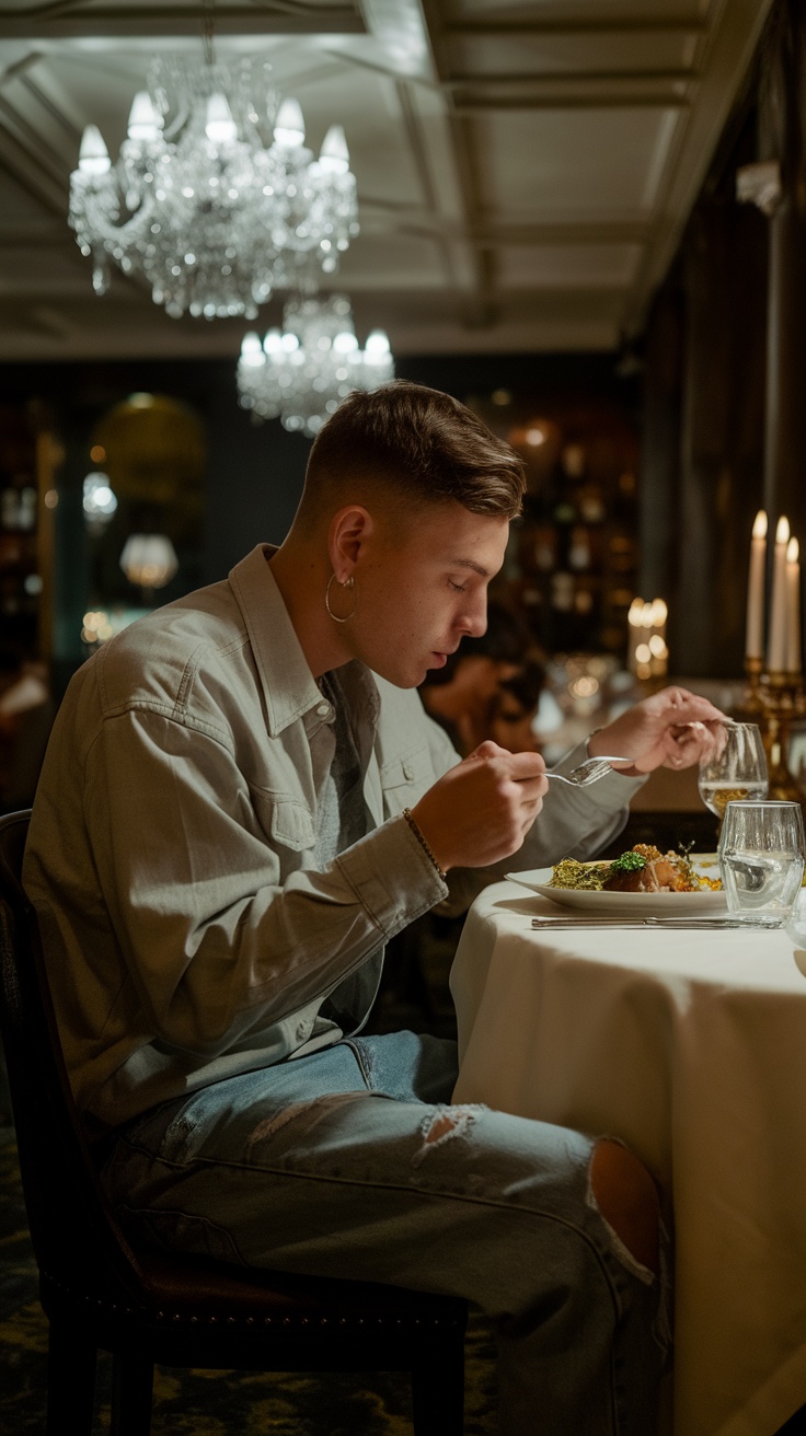 A young man dining alone at a beautifully lit restaurant, wearing baggy jeans and an oversized shirt, focused on his meal.