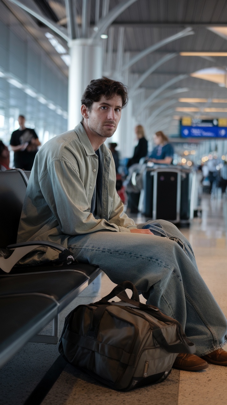 A man sitting at an airport wearing baggy jeans and a casual shirt, looking relaxed.