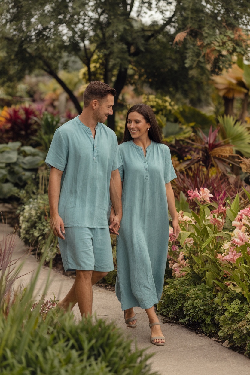 A couple walking hand in hand in a garden, dressed in matching relaxed fit outfits; the woman in a maxi dress and the man in shorts and a matching top.