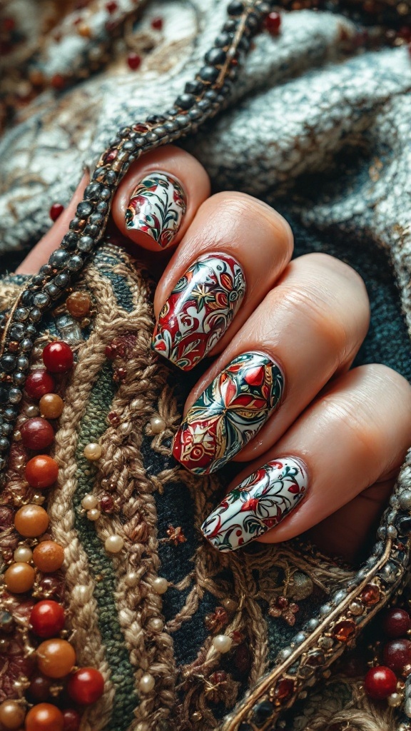 Nail art design inspired by Renaissance Revival with intricate floral patterns and rich colors.