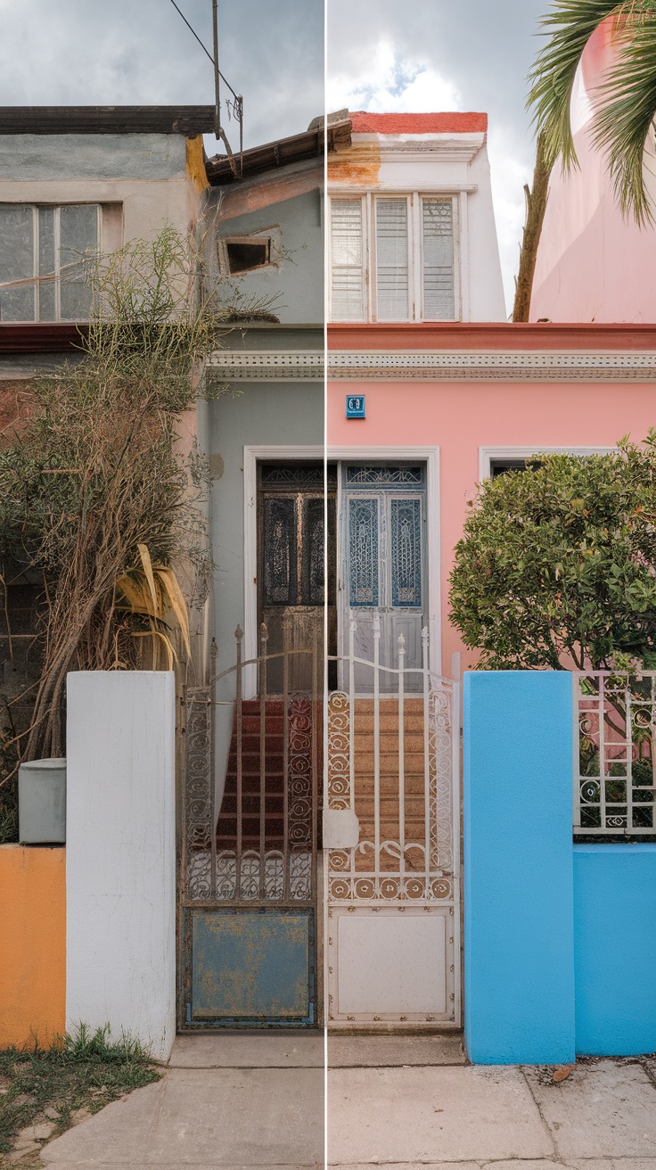 A comparison of a house before and after renovation, showcasing visual improvements.