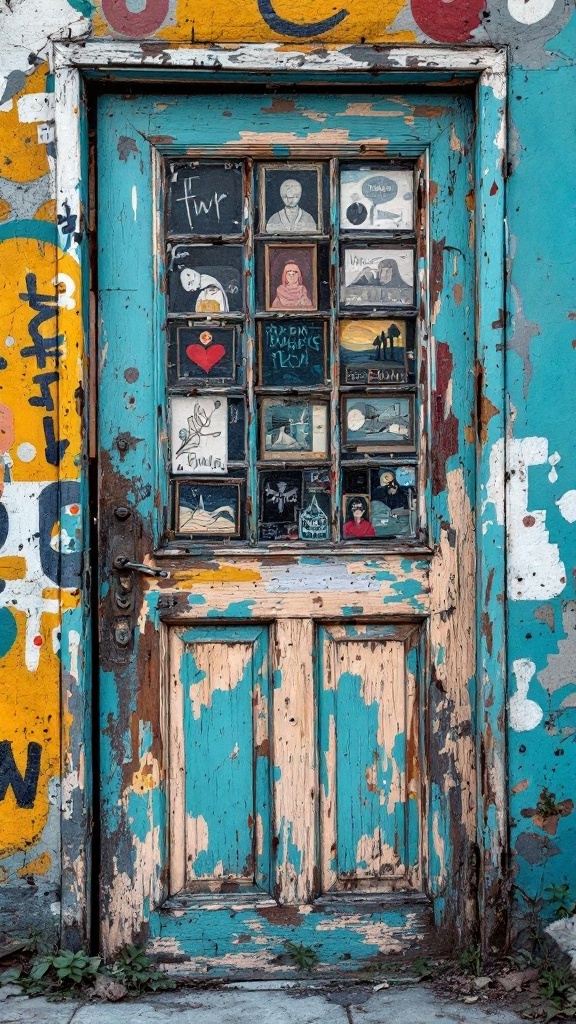 A repurposed door with colorful, weathered paint, displaying various small artworks in its glass panes.