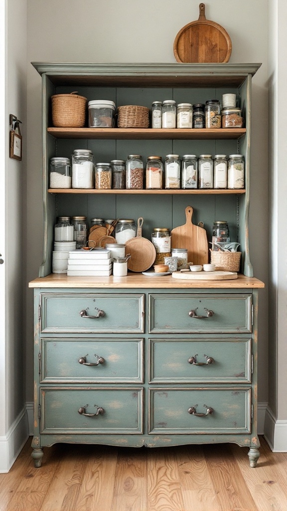 A vintage dresser repurposed into a pantry organizer, featuring jars, baskets, and wooden boards.