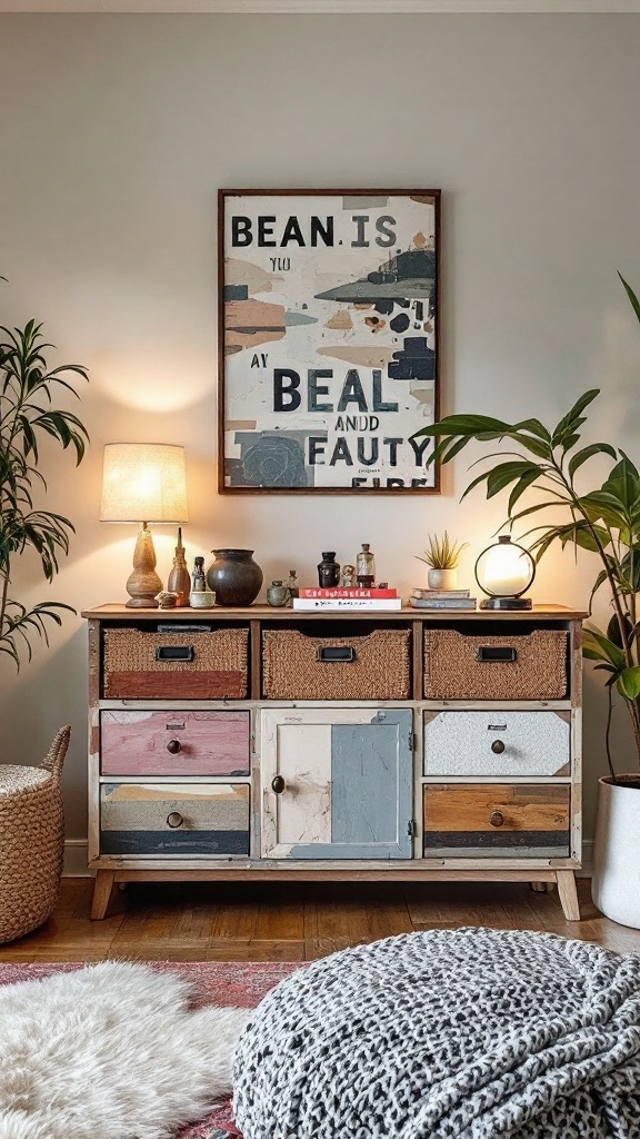 A colorful repurposed storage cabinet with woven baskets and unique drawers, decorated with plants and lamps.