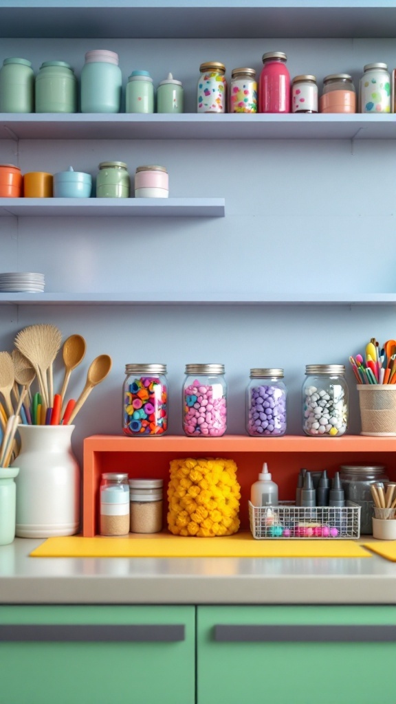 A colorful craft supply organization setup with mason jars filled with beads and other materials on a shelf.