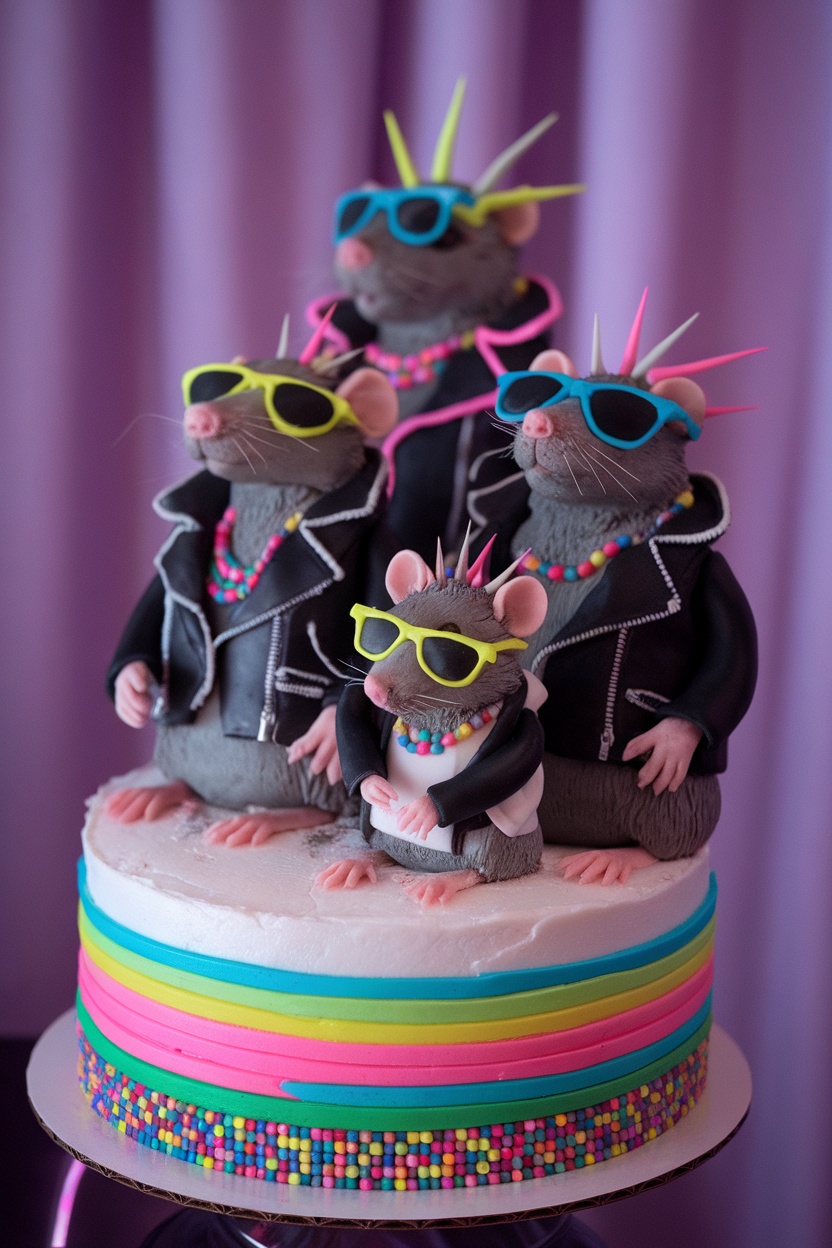 A cake designed with four punk-style rat figurines, each wearing sunglasses and leather jackets, on a colorful layered cake.