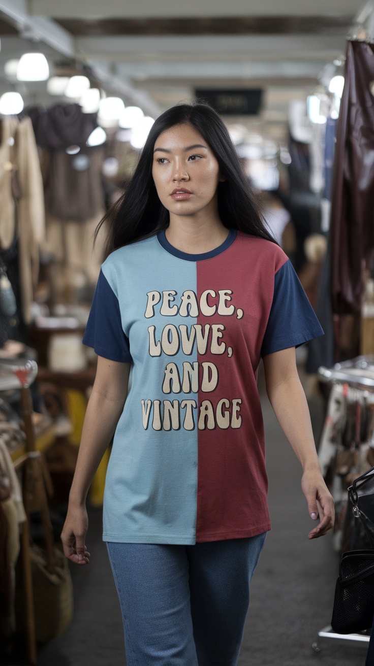 A woman wearing a retro color block tee with the text 'Peace, Love, and Vintage' walking through a market.