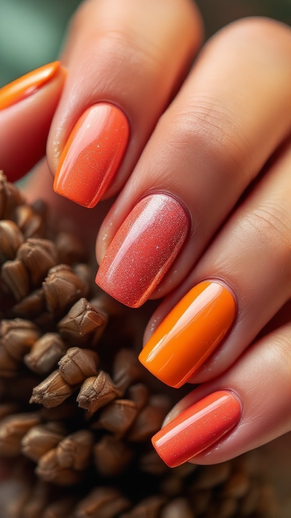 Nail art featuring retro color palettes of orange and peach with a gradient effect