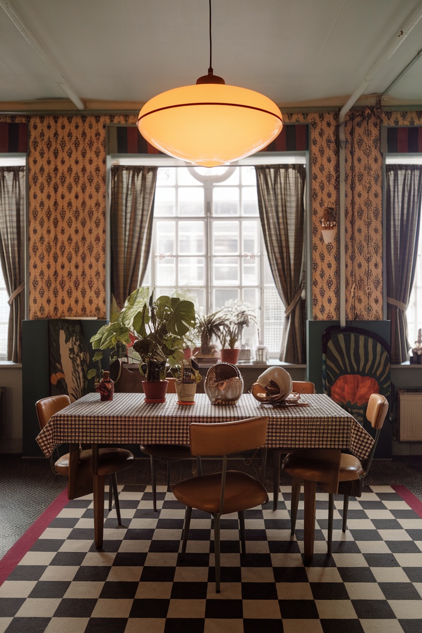 A cozy dining area with a retro pendant light and vintage decor