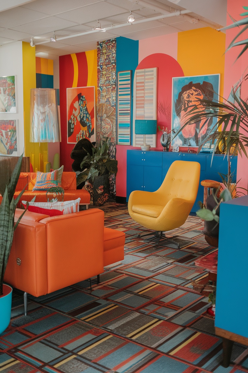 A colorful retro-inspired living area with orange and yellow furniture, vibrant wall art, and a patterned carpet.