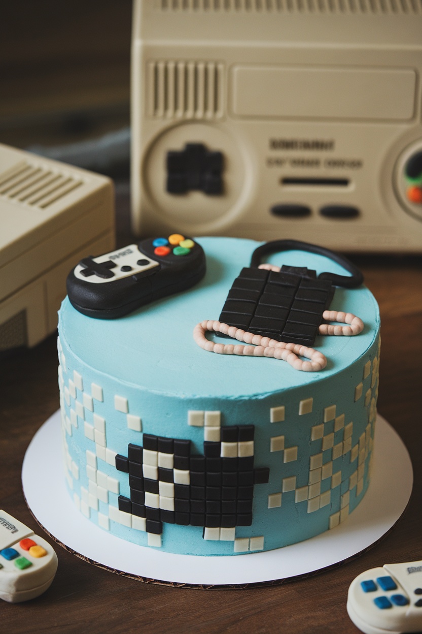 A cake decorated with blue frosting and pixel art, featuring a gaming controller and retro console designs.