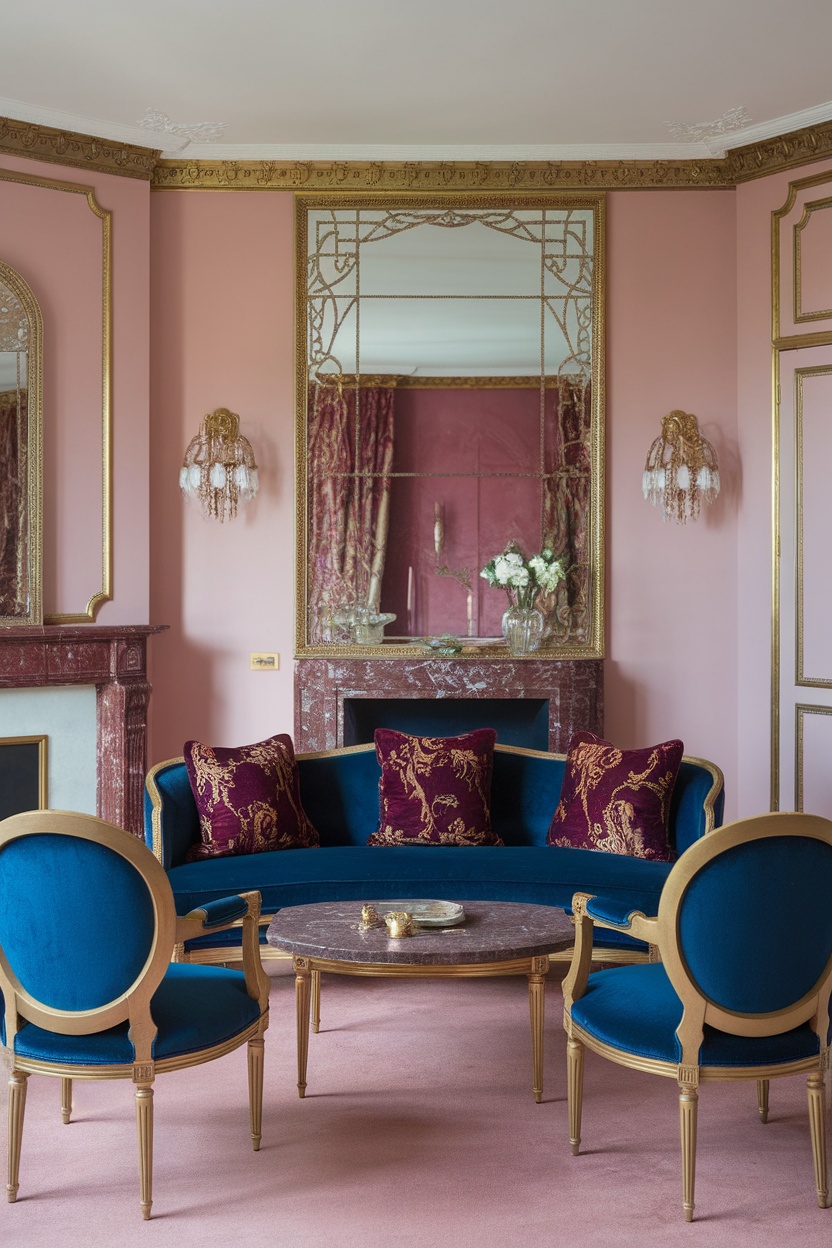 A luxurious Rococo Revival living room featuring a pink wall, blue furniture, and rich red pillows.