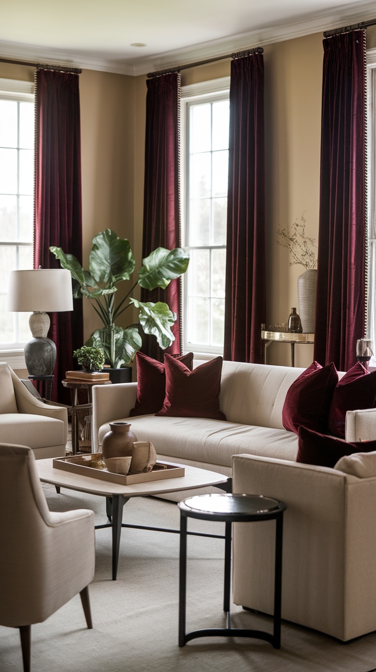 A cozy living room featuring a light sofa with cherry red pillows, velvet curtains, and a decorative table.