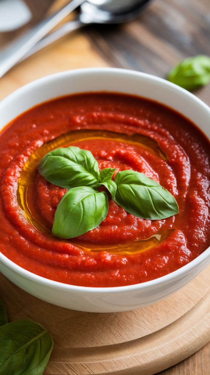 A bowl of rich tomato basil soup garnished with fresh basil leaves and olive oil