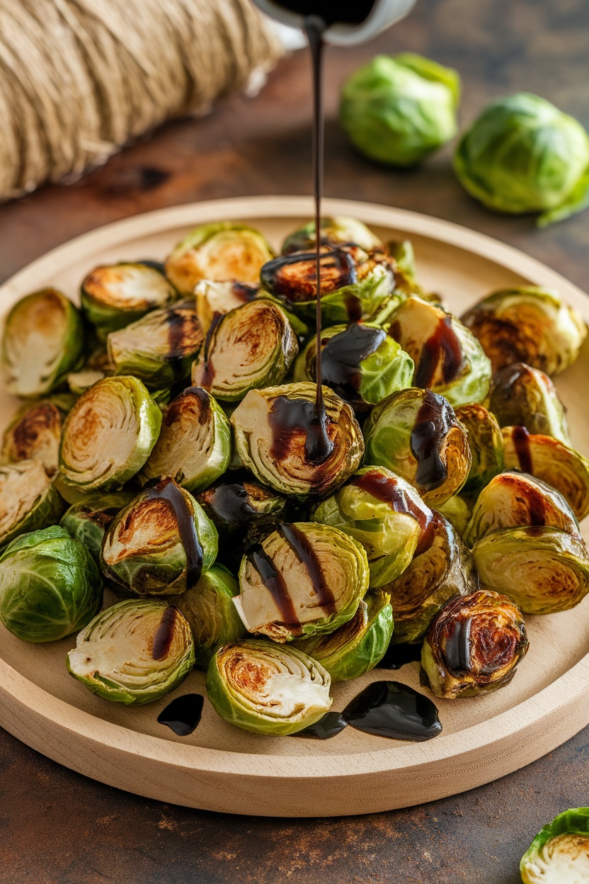 A plate of roasted Brussels sprouts drizzled with balsamic glaze.