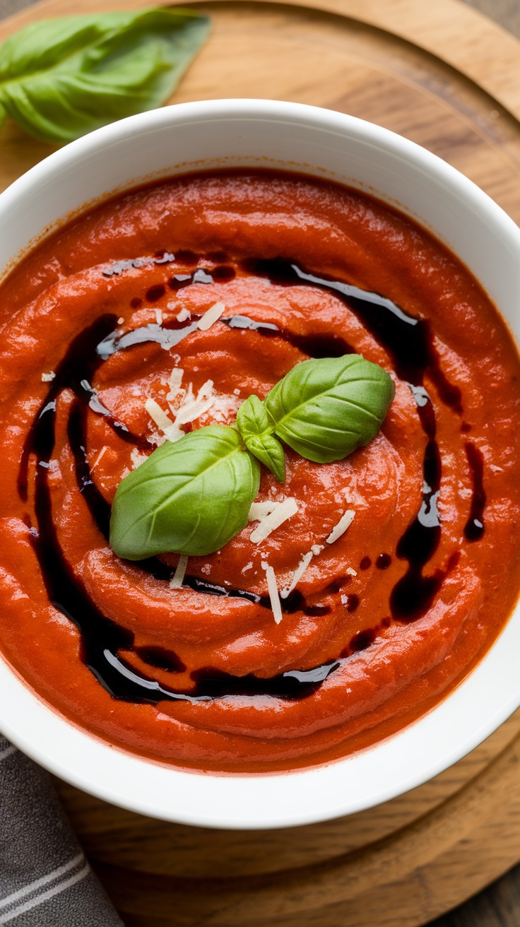 A bowl of roasted red pepper and tomato soup garnished with basil and balsamic glaze.