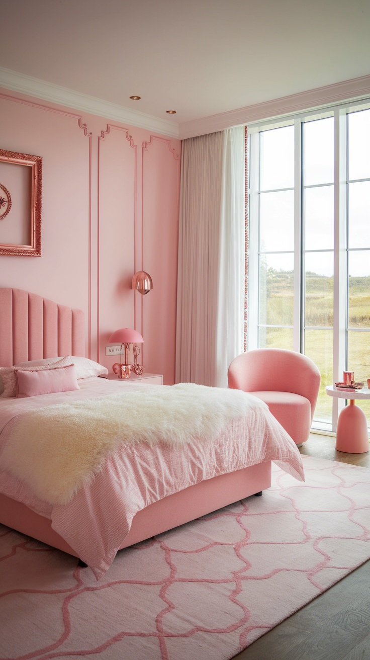 A cozy pink bedroom featuring rose gold fixtures, including a lamp and wall sconce.