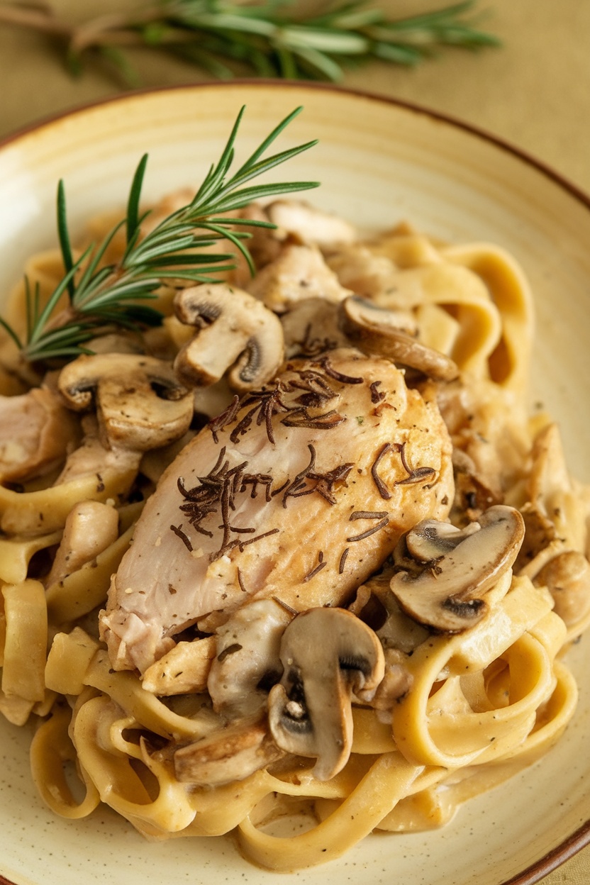 A plate of rosemary chicken and mushroom linguine with a piece of rosemary on top.