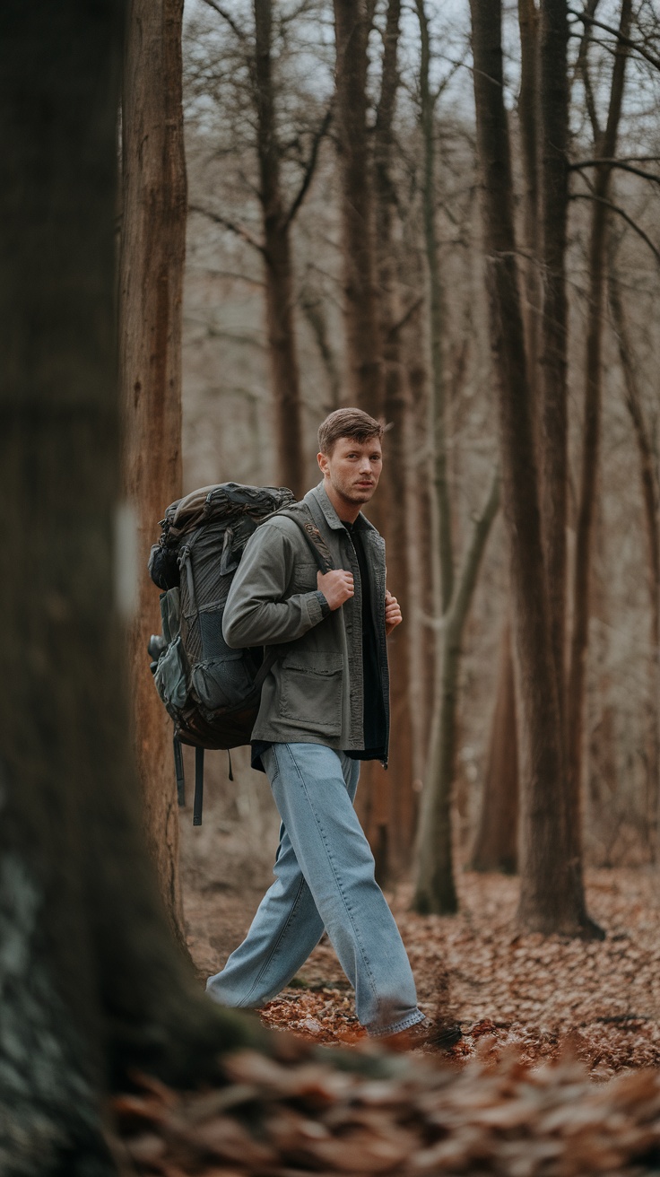 A man wearing baggy jeans and a backpack walking through a wooded area.