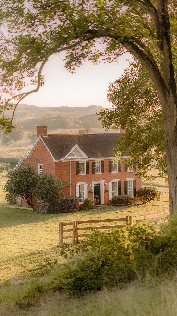 Charming rural brick house surrounded by greenery and hills