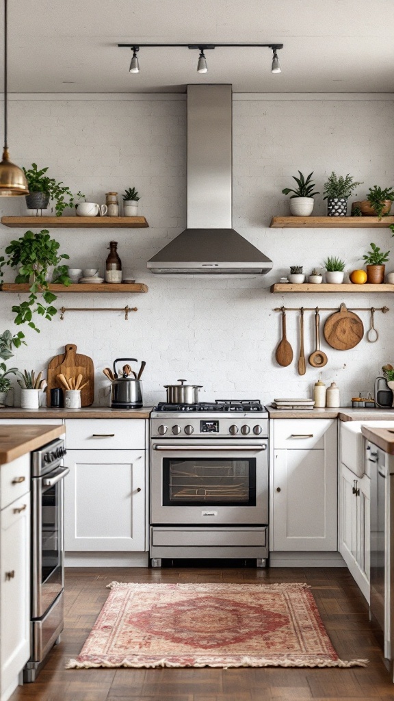 A rustic kitchen with modern updates featuring open shelving, stainless steel appliances, and plants.