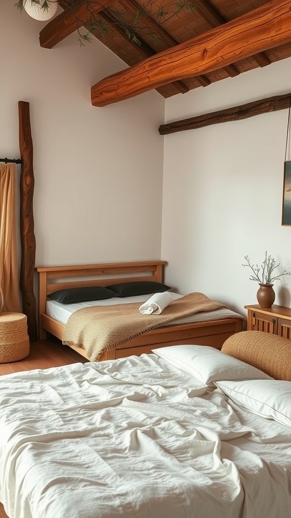 A cozy bedroom featuring wooden accents, with wooden beams, simple beds, and soft linens.