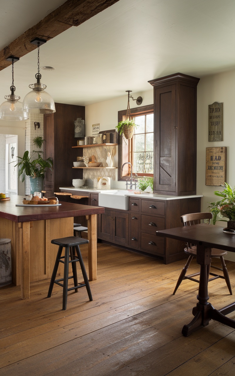 A rustic kitchen featuring dark cherry cabinetry, natural wood accents, and a cozy atmosphere.