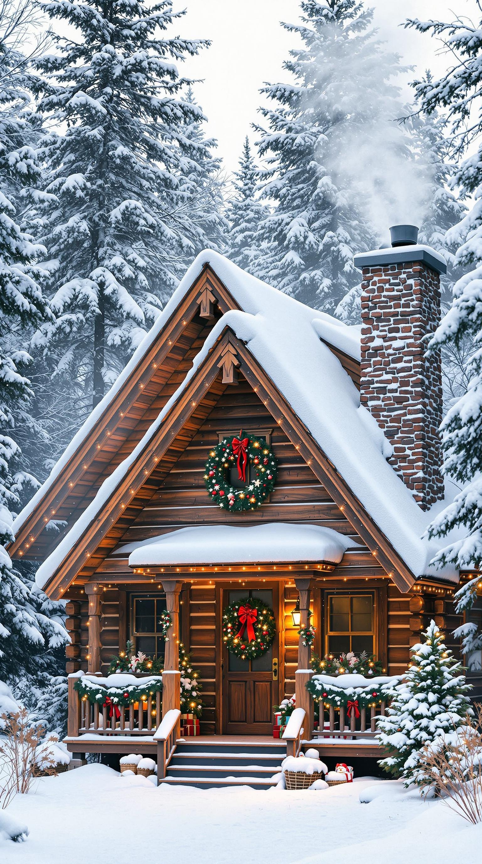 A rustic Christmas cabin surrounded by snow-covered trees, decorated with wreaths and lights.