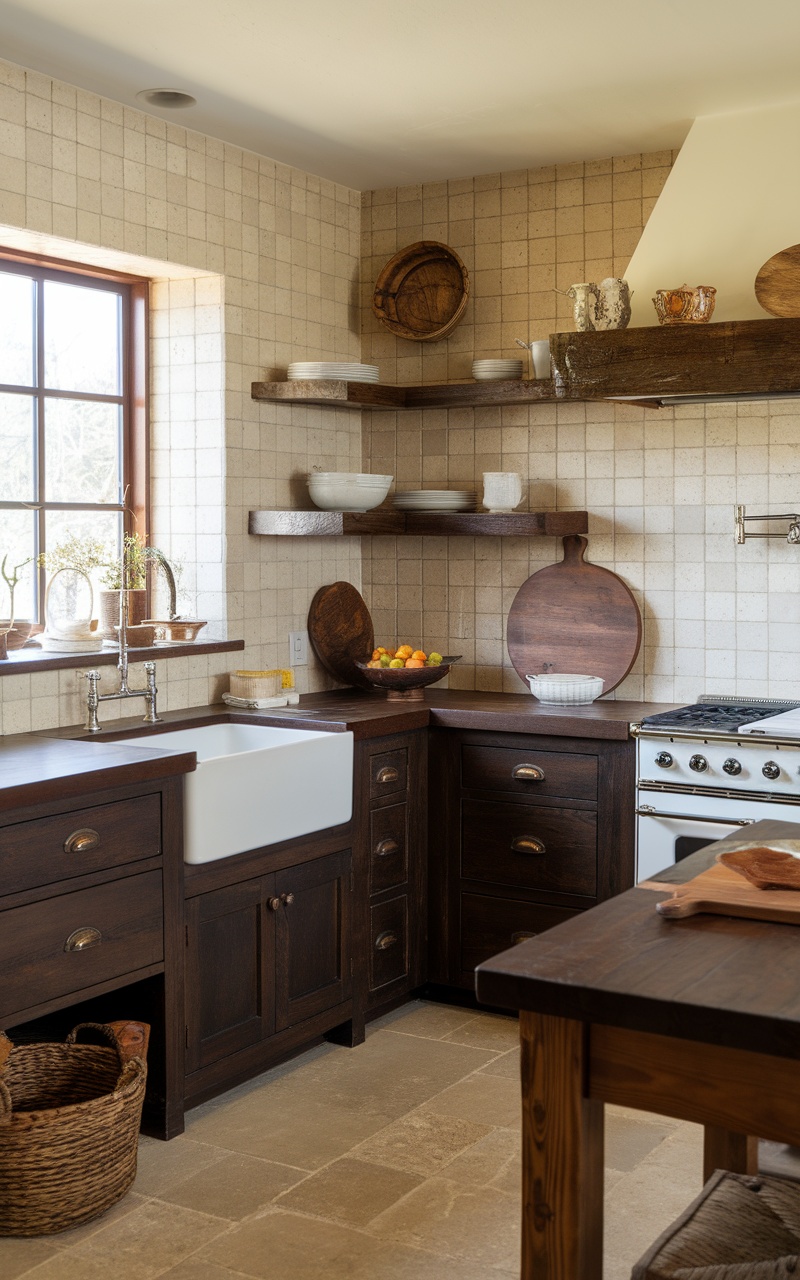 A rustic kitchen featuring dark cherry cabinets and wooden accents, with a white farmhouse sink and open shelves displaying dishware.