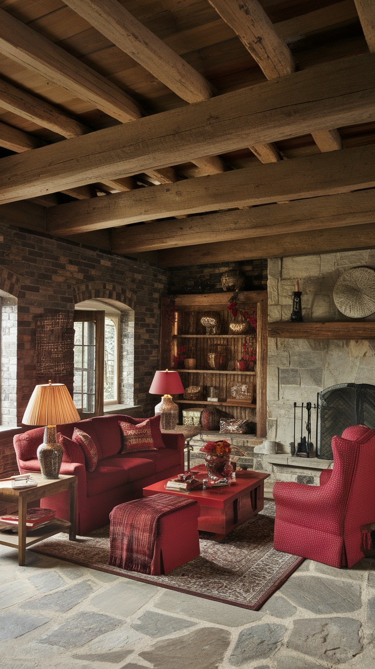 A rustic living room featuring dark cherry red furniture, wooden beams, and a stone fireplace.