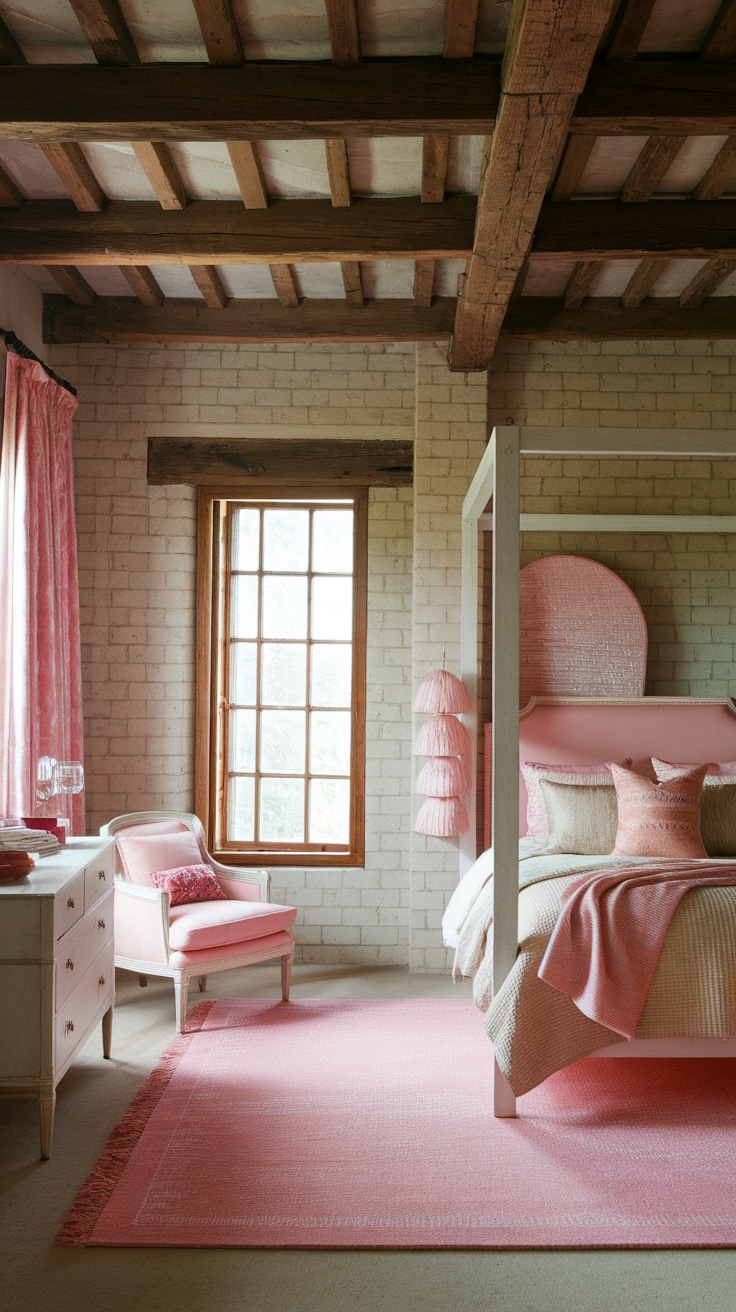 A rustic bedroom featuring wooden beams, exposed brick walls, and pink decor.