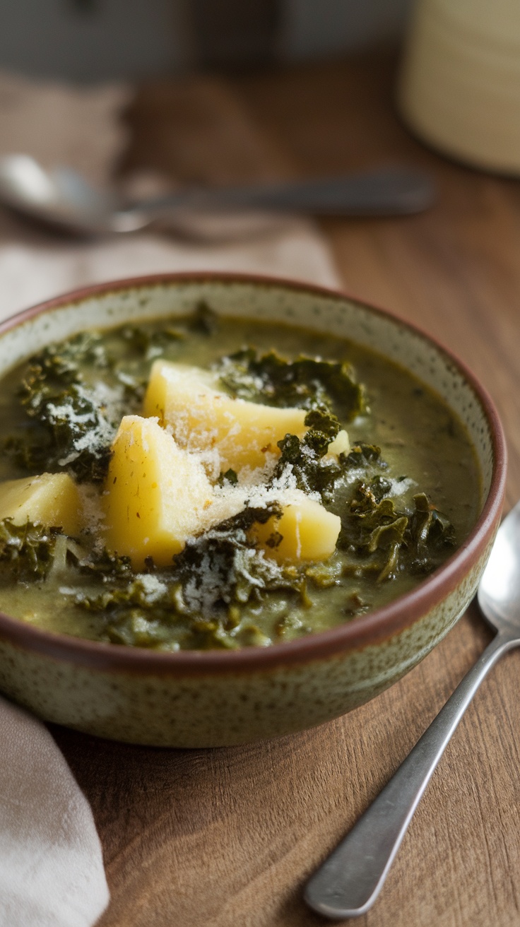 A bowl of Rustic Potato and Kale Soup with chunks of potato and leafy kale.