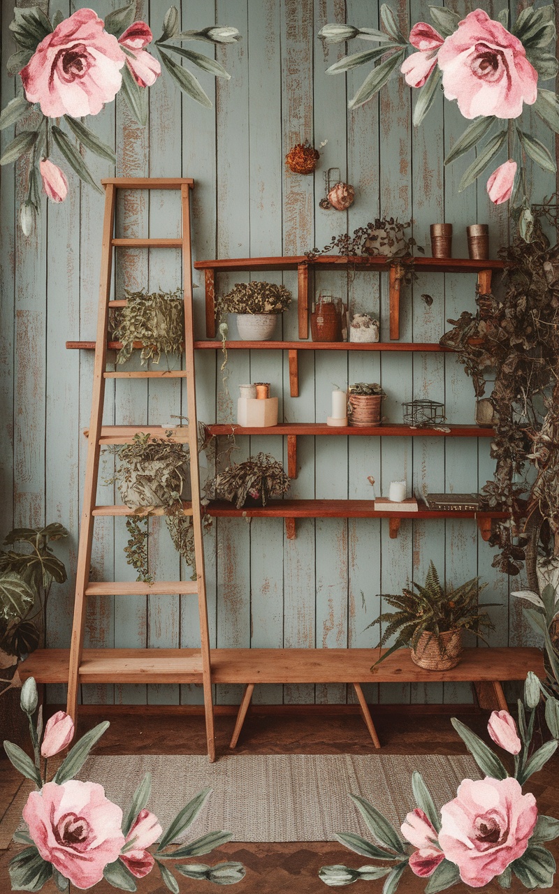 A rustic wooden background with floral accents and greenery.