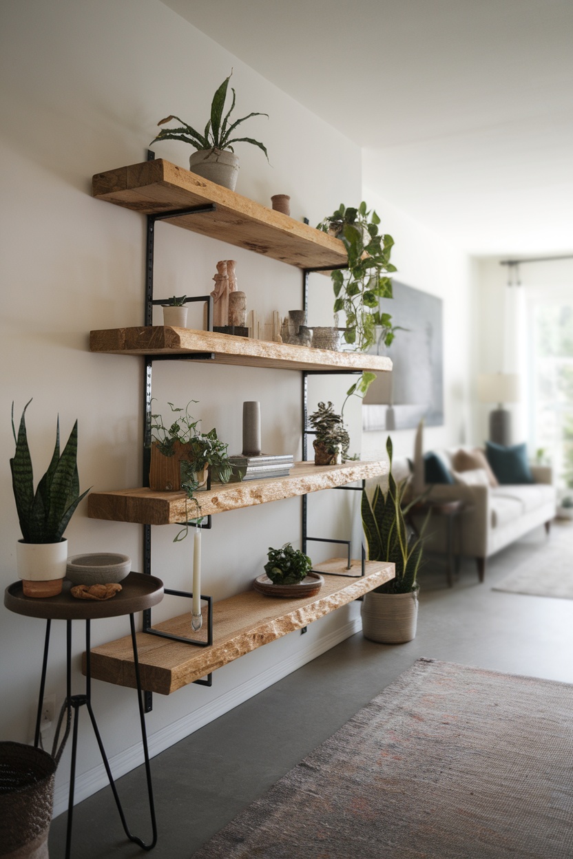 Rustic wood shelves with plants and decor items