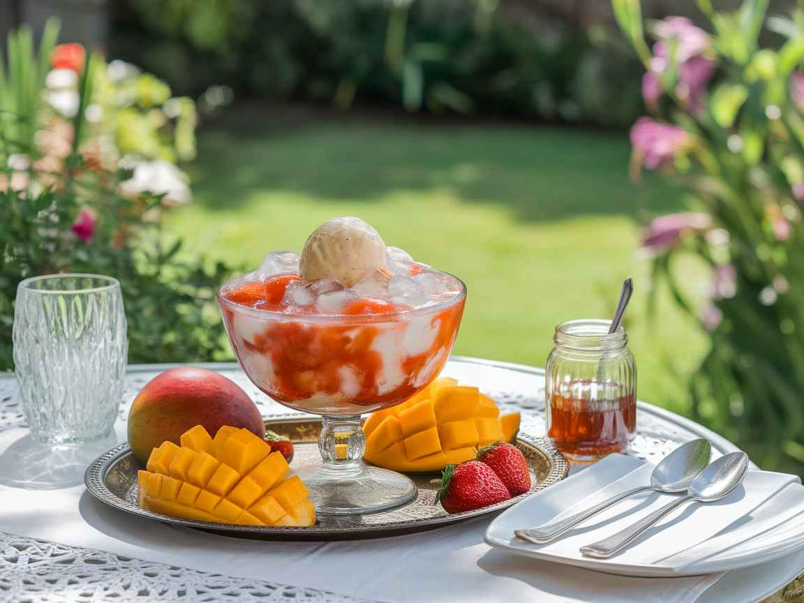 A bowl of saba con yelo topped with ice and a scoop of ice cream, surrounded by fresh fruits.