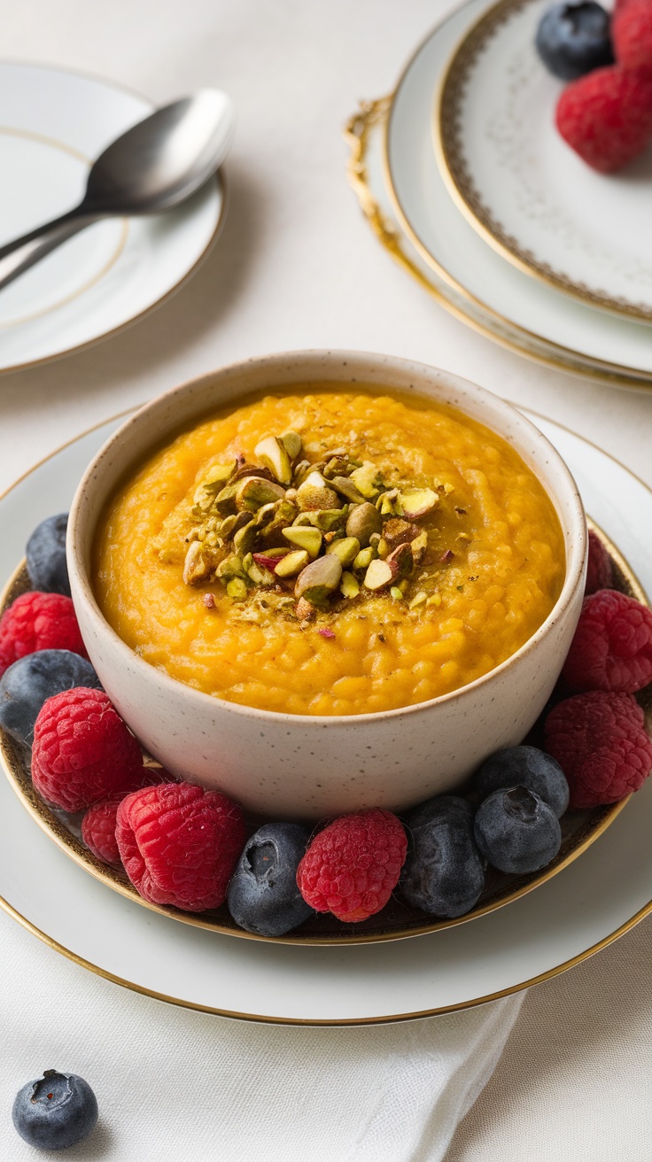 A bowl of saffron rice pudding topped with pistachios and surrounded by fresh berries.