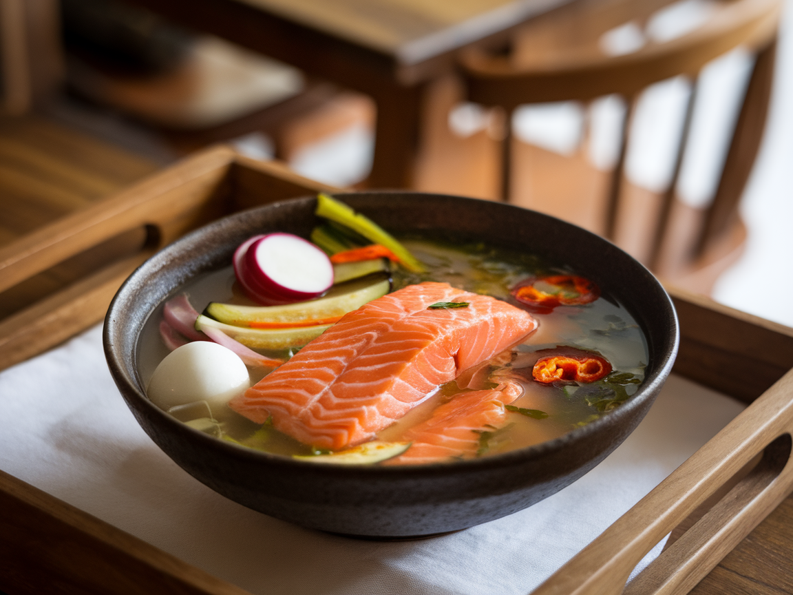 A bowl of Salmon Sinigang soup with salmon slices, vegetables, and broth.