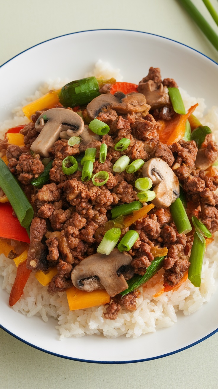 A delicious beef and mushroom stir-fry served over rice, topped with green onions.