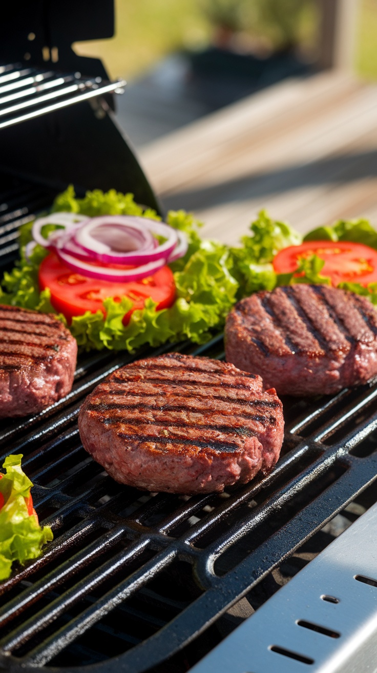 A close-up view of savory beef burgers grilling on a barbecue, surrounded by fresh toppings.