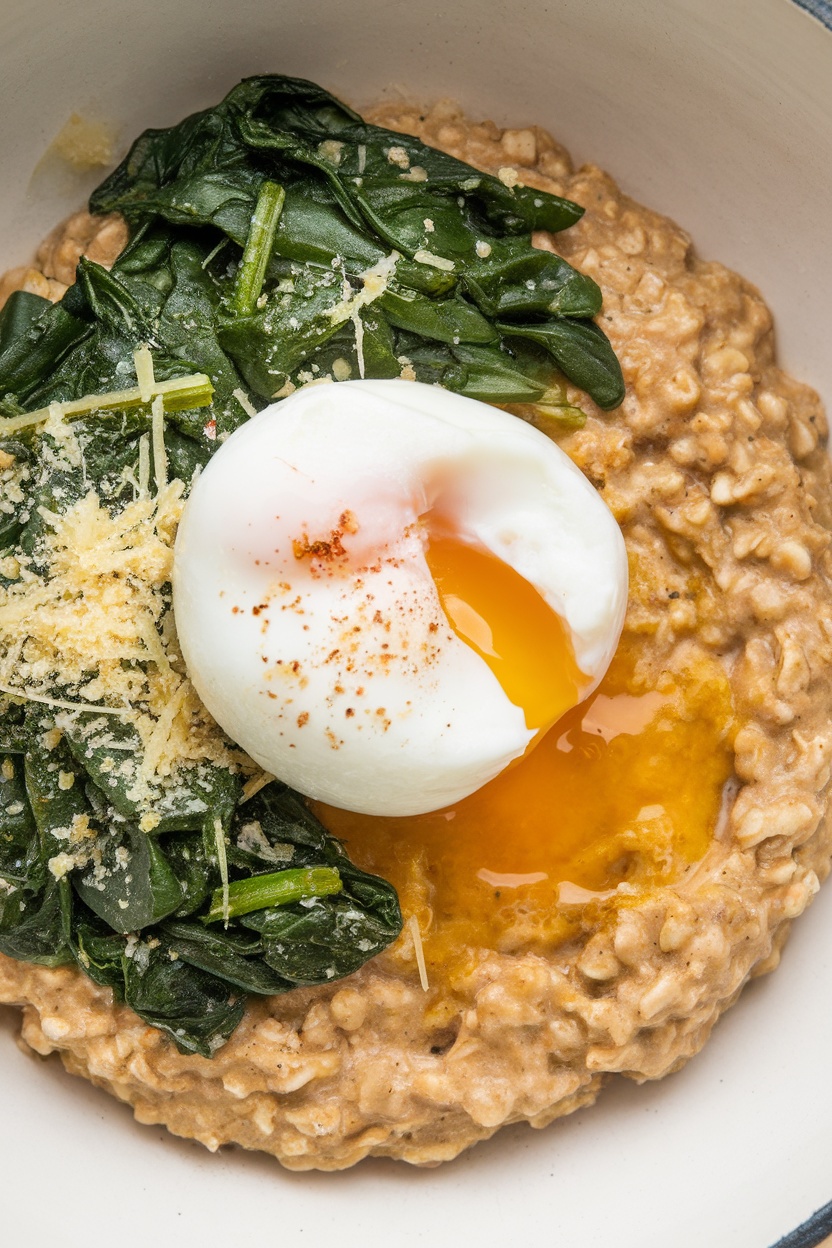 A bowl of savory oatmeal topped with fresh spinach and a poached egg.