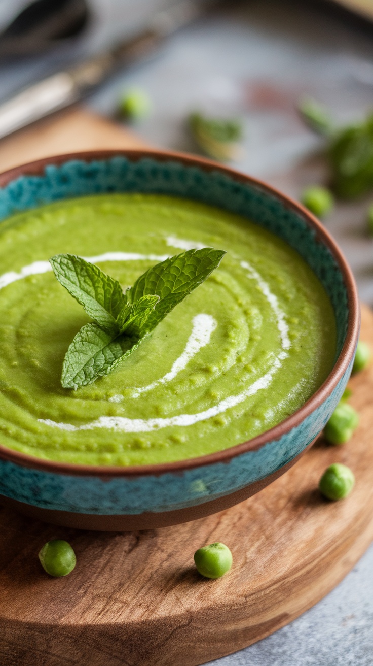 A bowl of creamy green pea and mint soup topped with mint leaves.