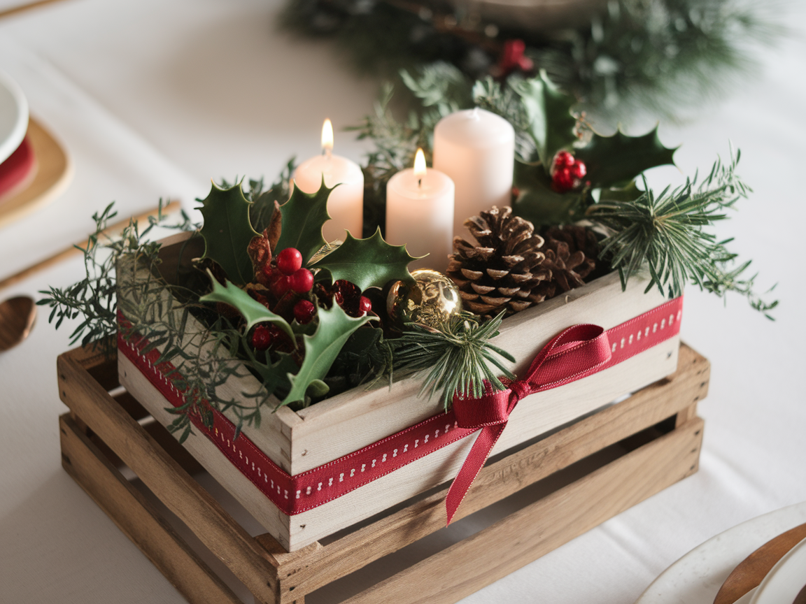 A wooden box centerpiece filled with candles, pinecones, holly, and green foliage for a festive table setting.