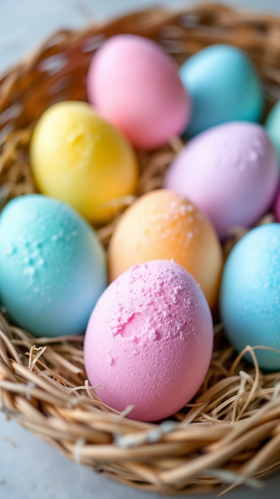 Colorful scented Easter bath bombs in a basket, resembling eggs.